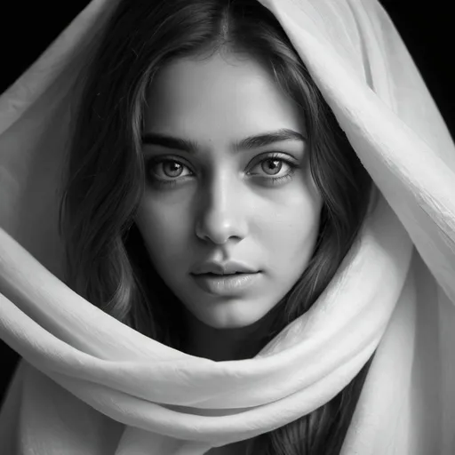 Prompt: a black an white photography of a face of very beautiful girl , with realistic appearance, with real light and shadow on face, real photo with nice face, covered hair with white fabric