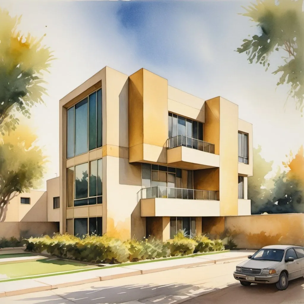 Prompt: Watercolor painting of a modern house in Baghdad designed in Bauhaus style, sunlight casting dramatic shadows across the angular facades, lush green foliage framing the structure, warm hues of gold and beige dominating the palette, architectural sketch by hand, incorporating elements of light and shadow for a dynamic daytime effect, volumetric, ultra realistic.