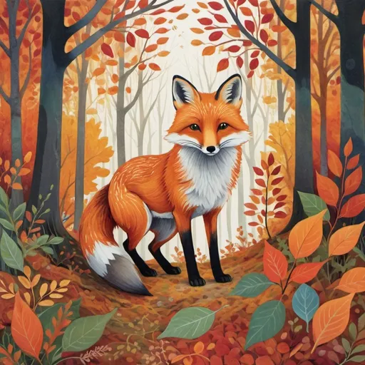 Prompt: Artwork by Melissa Launay of a solitary fox in a vibrant autumn forest, surrounded by swirling leaves and bright berries. Lots of details and background in typical Launay style.