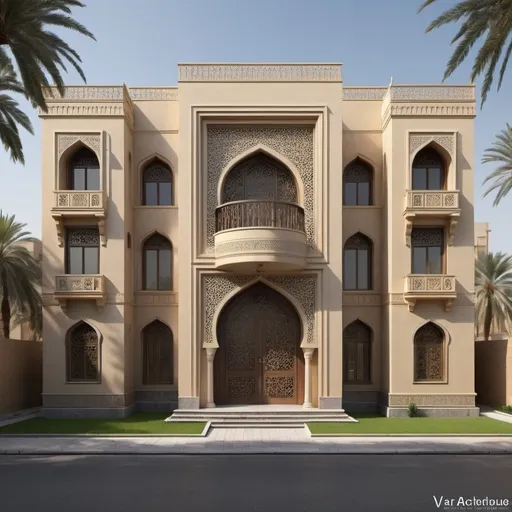 Prompt: Architectural Layout of a Classic House in Baghdad with Islamic Influence. The dwelling comprises two levels with a prominent arched entryway. Square windows adorn the ground floor, while the upper floor is graced with narrow arched windows. For a lifelike high-resolution rendering of the complete facade, it is advisable to seek guidance from a proficient architect or designer with experience in architectural visualization. Such a professional can skillfully capture the delicate nuances of the traditional Baghdad residence, incorporating its Islamic design elements to create a visually striking and accurate portrayal of the facade. Engaging with an expert in architectural design guarantees that your aspirations for the classic house are realized with exactitude and innovation.To further enhance the authenticity of the architectural layout, consider incorporating traditional geometric patterns and intricate calligraphy on the exterior walls. These elements, typical of Islamic architecture, will not only add cultural richness but also elevate the aesthetic appeal of the classic house. By consulting a skilled architect or designer well-versed in Islamic architectural principles, you can ensure that every detail, from the Mashrabiya windows to the ornate doorways, reflects the true essence of Baghdad's architectural heritage. Embrace the opportunity to bring this classic house to life in a way that honors its historical roots while infusing it with contemporary elegance and style.