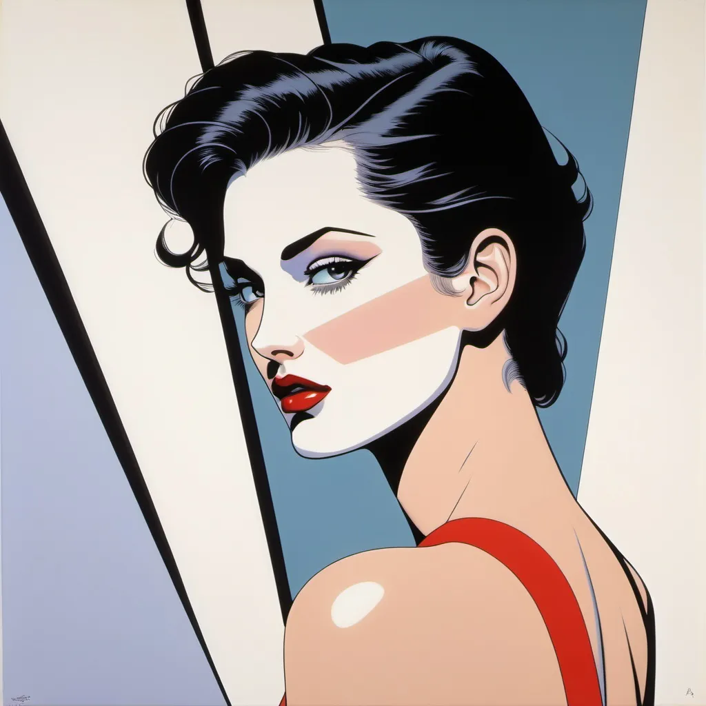 Prompt: Painting of a model looking back at the camera over her shoulder in the style of Patrick Nagel 1985