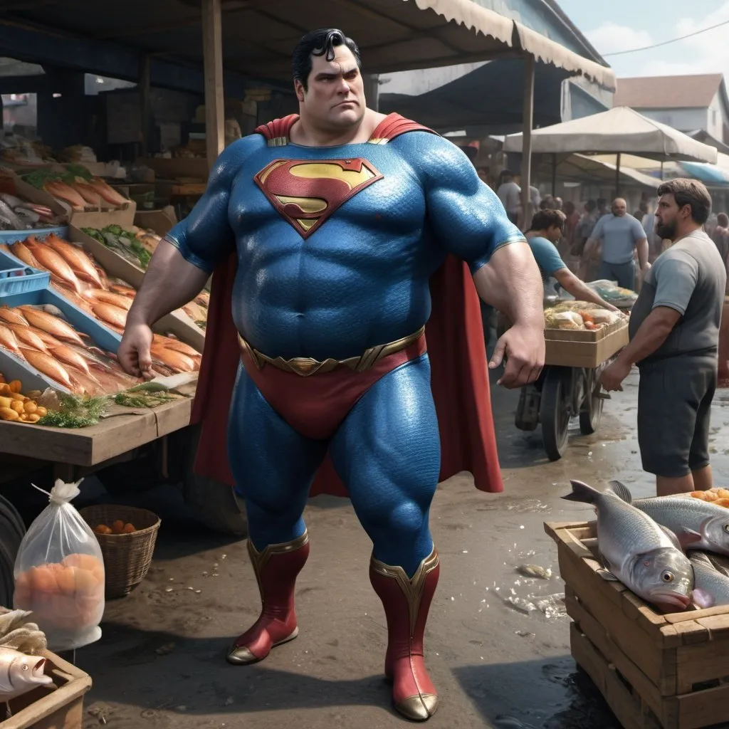 Prompt: Create a image of a Fat Superman working as a fish-seller in a rural market, where Spidermann, Thanos, Aquaman and Wonderwoman is queuing to buy fishes. Rendered in 8K (4K) resolution and ultra hyper-realistic quality.