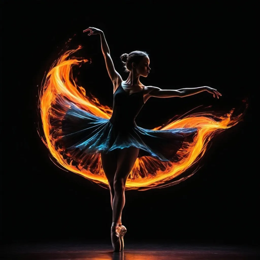 Prompt: Silhouette of a female ballet dancer mid-twirl, sketched with bright neon strokes that illuminate a black void and in flames, reflecting a strong and enticing persona. The movement is frozen in time, full-body perspective, with a vertical aspect to capture the essence of her dance. No additional effects or background, just the dancer and the dance of light.