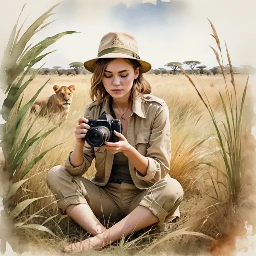 Prompt: A young woman in a safari outfit sits in the tall grass with a camera and tries to photograph a lion, textured painterly watercolor.
