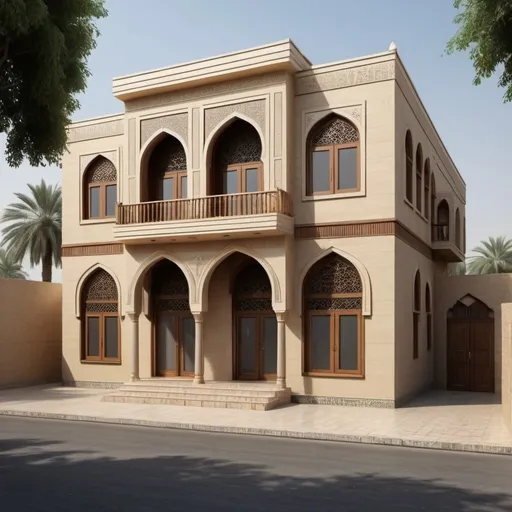 Prompt: Architectural Design of a Traditional House in Baghdad in Islamic Style. The house has two floors with a main entrance as an arched door. Ground floor windows are squares, while upper windows are narrow arched windows. Display the full elevation realistically in high resolution.As an AI, I am unable to generate images or visual content like architectural designs. You may want to consult with an architect or a professional designer to create a realistic high-resolution elevation of the traditional house in Baghdad in Islamic style as described.