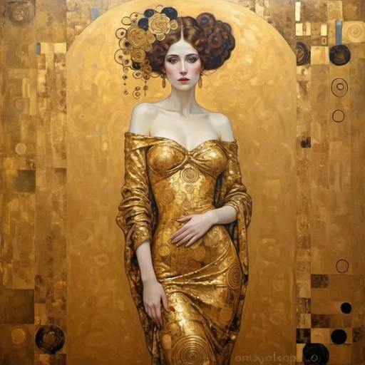 Prompt: "Lady in Golden? Painted in the style of GUSTAV KLIMT full body"