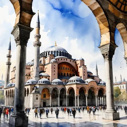 Prompt: a water-color painting of Aya Sofia in Istanbul, a painted picture