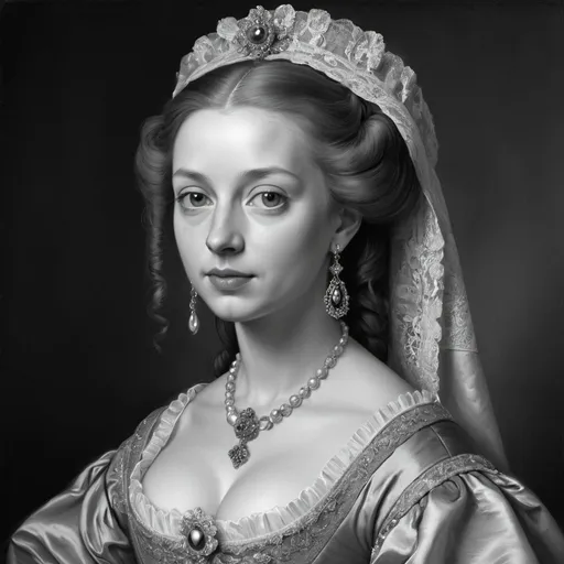 Prompt: Describe the captivating features and intricate details of a grayscale portrait depicting a noble lady from the distinguished era of the 17th century. Highlight the elegant attire, exquisite accessories, and subtle expressions that reflect the sophistication and cultural nuances of that historical period. Dive into the artistic nuances, painterly techniques, and the symbolism embedded in the portrait, providing a deep insight into the significance and influence of such portraits from that era. Capture the essence and allure of the 17th-century lady through vivid descriptions that transport the viewers back in time, immersing them in the grandeur and charm of classical portraiture.