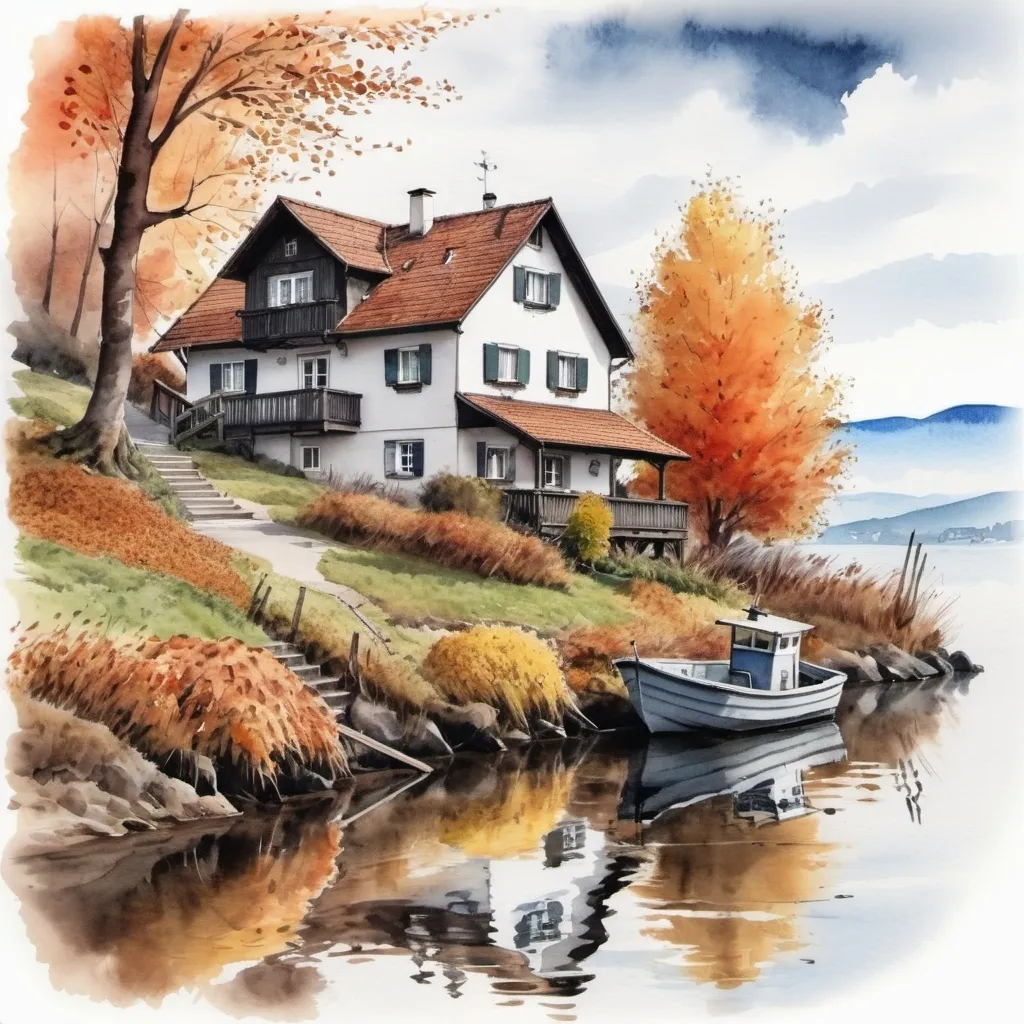 Prompt: House at the Bodensee, a watercolor, in black forest style ink painting, , autumn wind simple composition, there is also a fishing boat,
beautiful painting,
fotorealistiche