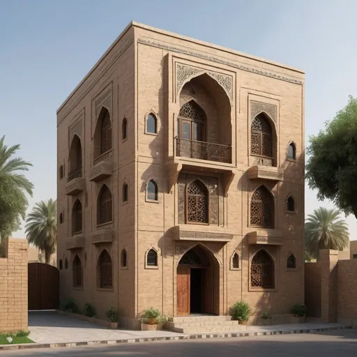 Prompt: a traditional house in Baghdad with Islamic style with fair face brick work, full elevation