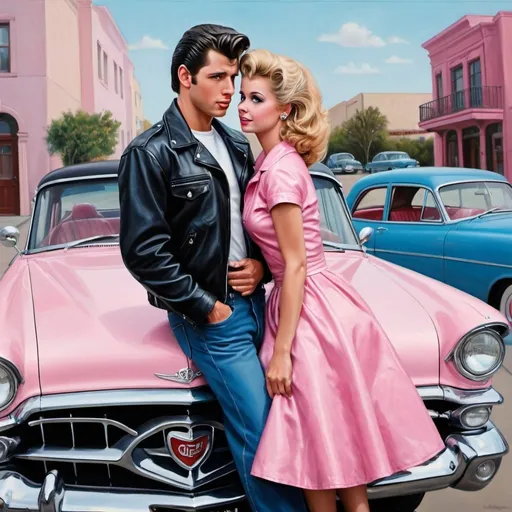 Prompt: From the movie 'Grease' a handsome man and beautiful woman in vintage clothes leaning against a classic black car with chrome bumper and headlights, one wearing a pink dress and the other wearing a black leather jacket and blue jeans, mid-20th century American culture scene, hyperrealistic, oil paint
