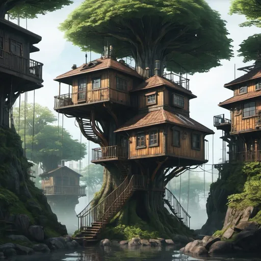 Prompt: tree houses in a steam punk future, trending on artstation, octane rendering, cinematic lighting, camera obscura, water color texture, inspired by ghibli, inspired by blade runner, hyper realistic detail, very super detailed