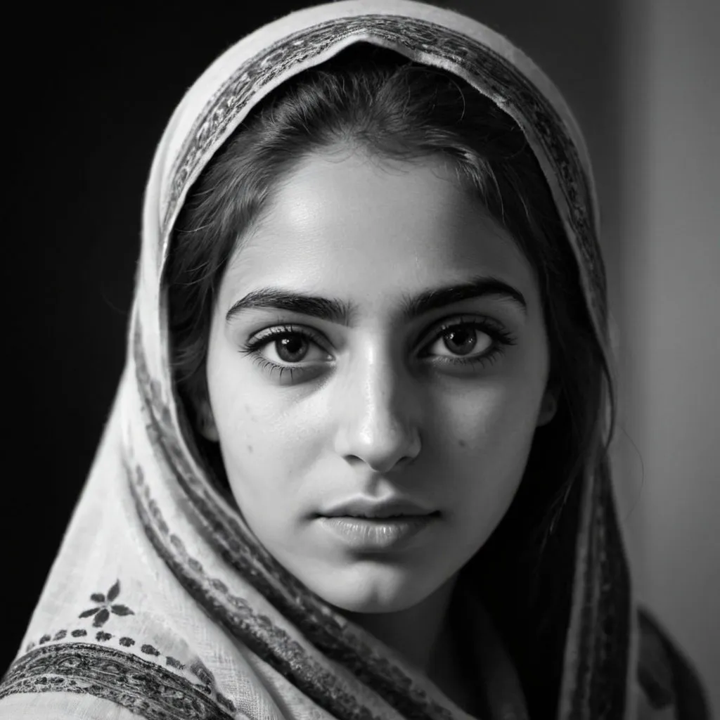 Prompt: a black an white photography of a face of very beautiful girl from Iraq, with realistic appearance, with real light and shadow on face, real photo