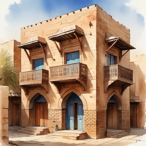 Prompt: Traditional house in Baghdad, Abbasid style architecture, captured in natural light during daytime, watercolor painting, sketched by hand, portraying dynamic lighting effects on the edifice, sun casting soft shadows and contrasts, vibrant hues of historic bricks and wooden accents, digital painting, ultra clear, highly detailed
