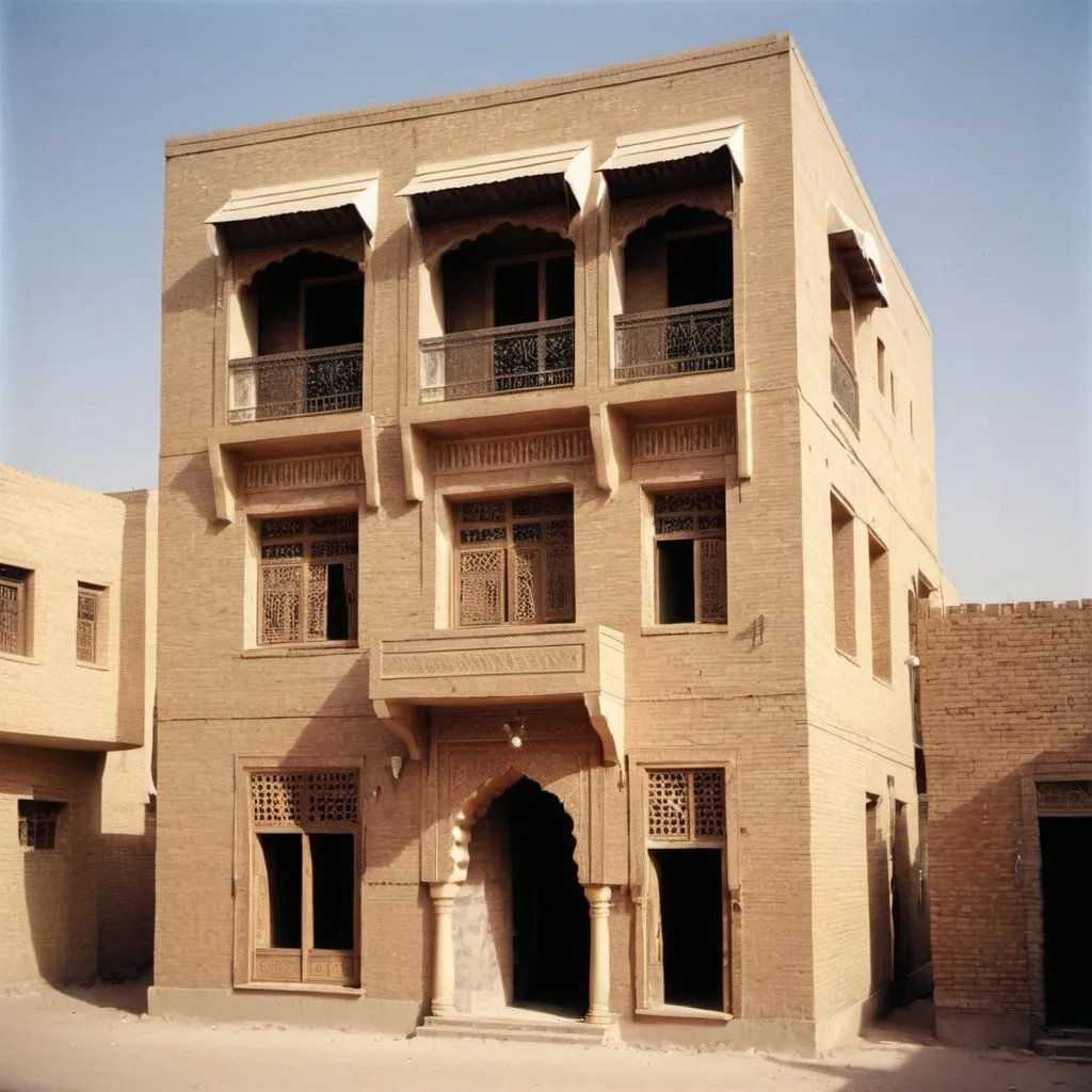 Prompt: a traditional house in Baghdad in 1950, Abbasid style, fair face brick work for the ground floor and timber ornamented Arabist upper floor, two floors