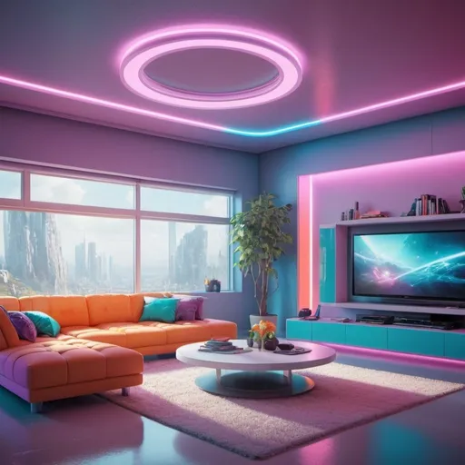 Prompt: colorful futuristic living room, concept art, fine art, very detailed, very realistic, octane render, 8k, unreal, soft light