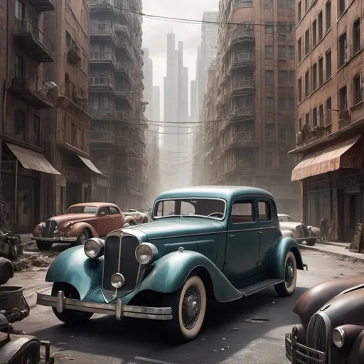 Prompt: ِA real view of  a dystopian future, in a modern and decadent landscape, on a street with bustling buildings, create a car that is inspired by old cars of the 1930's
