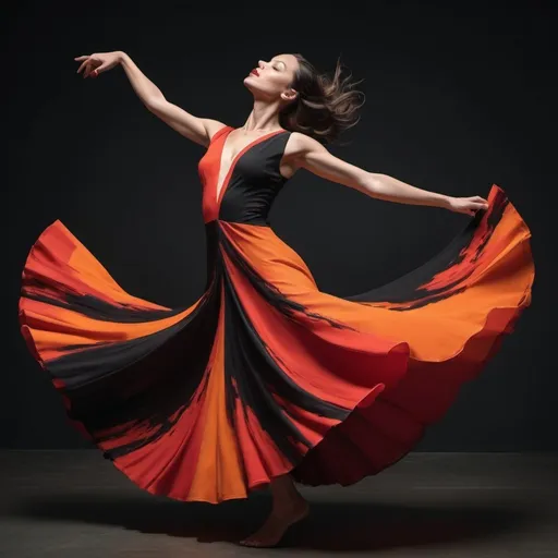 Prompt: Create an image depicting a flamenco dancer wearing a dynamic and fluid red, orange and black dress, captured in motion, forming a large swirling circle around her. At the center of the circle, the background should be a simple, neutral-toned black wall to contrast with the vibrant red, orange, and black of the dress. The gown should appear as if caught in mid-twirl, creating an abstract and artistic representation of movement, with hyper-realistic high definition UHD 8K resolution.