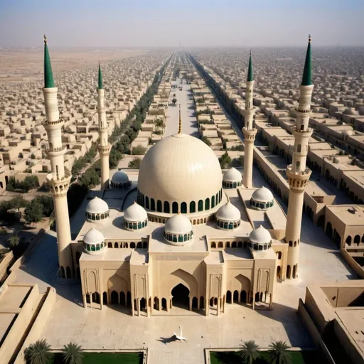 Prompt: Grand mosque in Baghdad with architect Mie van der Rohe style, one dome, two minarets, colonnaded arcade with Islamic crown capitals, bird's eye view