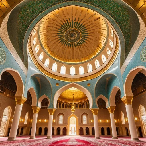 Prompt: Grand Mosque in Baghdad, intricate Islamic architecture, golden dome, tall minaret, intricate details, vibrant colors, historical, high quality, realistic, rich color palette, natural lighting