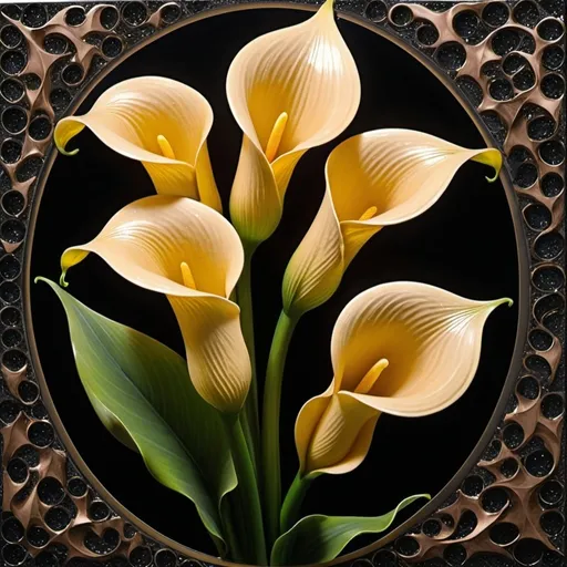 Prompt: Macro photography, exotic gold striped Calla Lilly cluster by lacquered glass ivy. Soft smoke, lily on a black fractal mosaic background. Chrome and bronze,