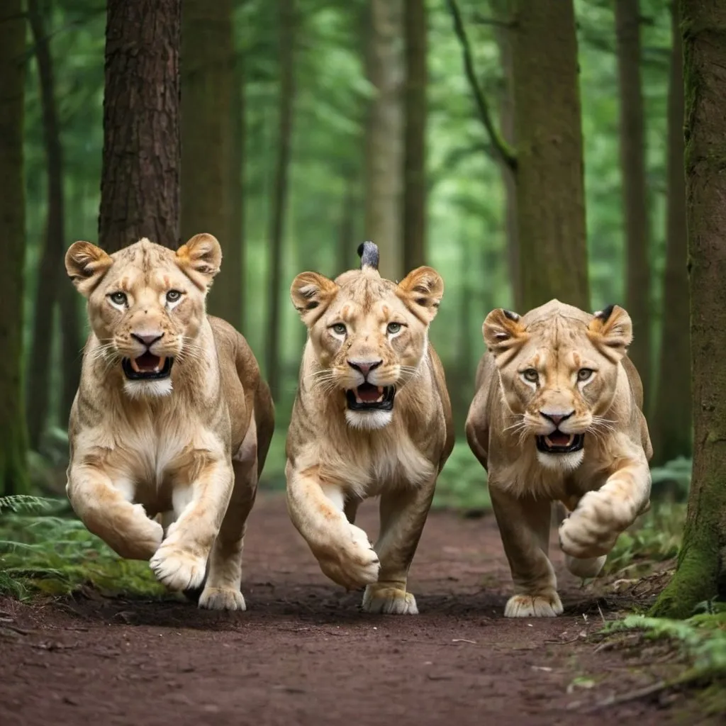 Prompt: three lions run in the forest