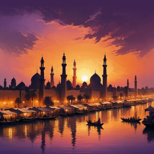 Prompt: Baghdad Cityscape, bustling sunset silhouette, minarets and palaces punctuate skyline, reflecting in the calm Tigris river, bustling bazaars below, deep oranges and purples sky, digital painting, ultra clear, golden ratio, dramatic lighting
