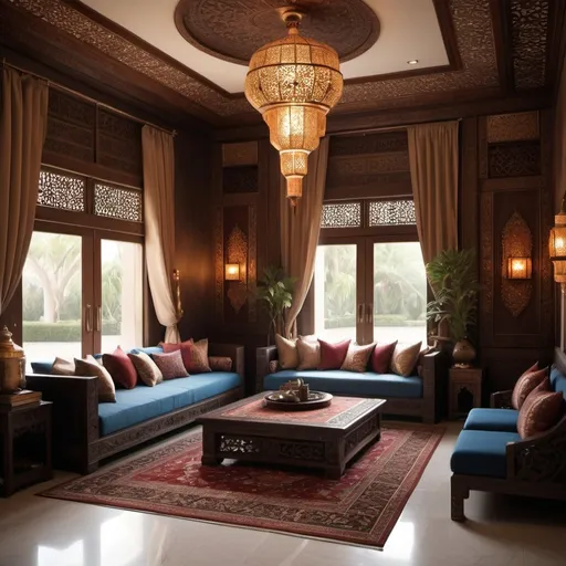 Prompt: Islamic living room, detailed concept art, highly realistic, dark rendering, 8k resolution, photo-realistic with dim lighting."""The room features intricately designed geometric patterns adorning the walls and ceiling, showcasing traditional Islamic artistry. Plush, low seating arranged around a central ornate coffee table, crafted from dark wood and inlaid with shimmering mother-of-pearl accents. Richly colored textiles, with deep reds and muted golds, drape elegantly across the cushions and walls, enhancing the warmth of the space. 

Soft shadows dance across the surfaces, cast by handcrafted lanterns, their warm glow illuminating the detailed carvings that tell stories of ancient cultures. A large Persian rug, with its complex motifs, anchors the room, providing a cozy contrast to the polished stone floor. In the corner, a tall bookshelf filled with leather-bound volumes adds an intellectual charm, while a small water feature trickles softly, evoking a sense of peace and tranquility.

At the far end, a large window framed by heavy curtains reveals a glimpse of the twilight sky, the dim light casting a serene blue hue across the room. The ambiance is further enriched by the faint scent of sandalwood and a subtle soundtrack of distant calls to prayer, inviting introspection and a deep connection to the spiritual beauty of Islamic tradition. Every element combines to create a harmonious sanctuary that celebrates heritage and artistry in the heart of the home."""