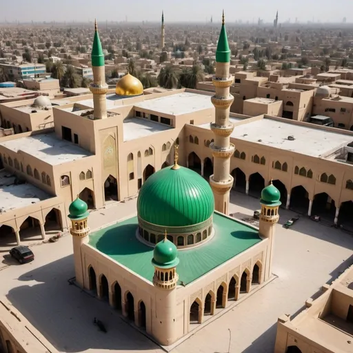 Prompt: a small mosque in Baghdad with Arabic style, one golden dome, two green minarets, colonnaded arcade with Islamic white crown capitals, bird's eye view