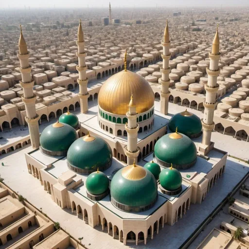 Prompt: Grand mosque in Baghdad with architect Saljjook style, one golden dome, two green minarets, colonnaded arcade with Islamic white crown capitals, bird's eye view