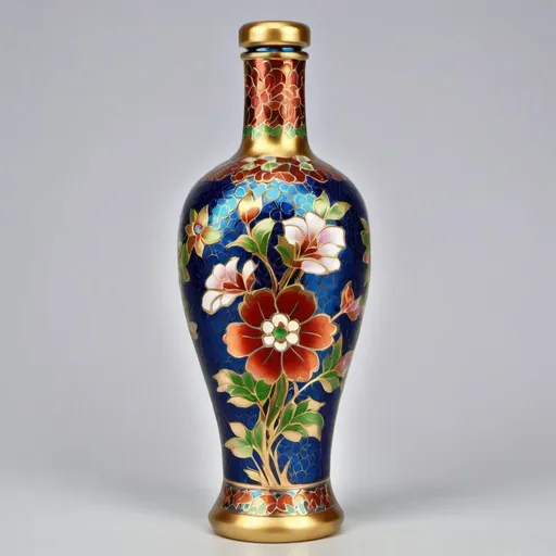 Prompt: ("Cloisonne Bottle ((tall)) Floral Gold ground with ((EXTREME 3 D effect))")
