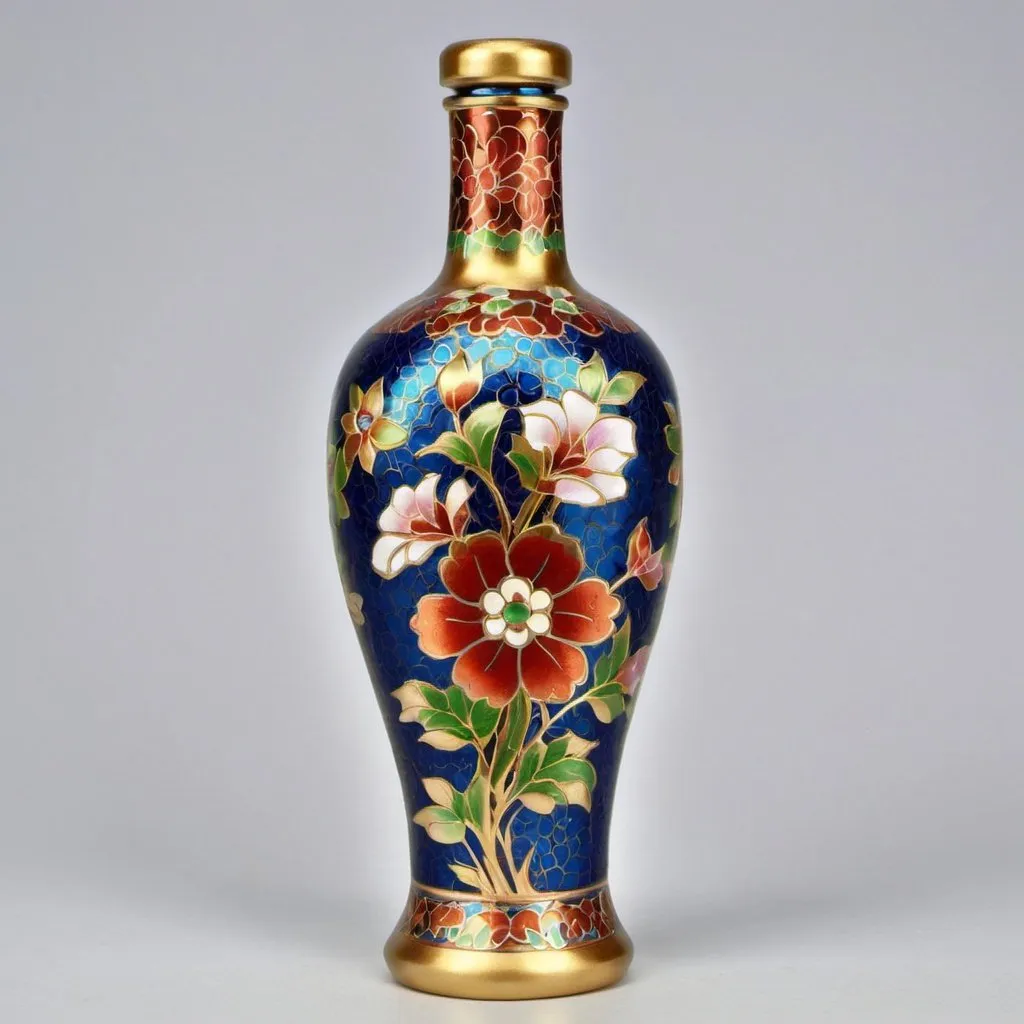 Prompt: ("Cloisonne Bottle ((tall)) Floral Gold ground with ((EXTREME 3 D effect))")
