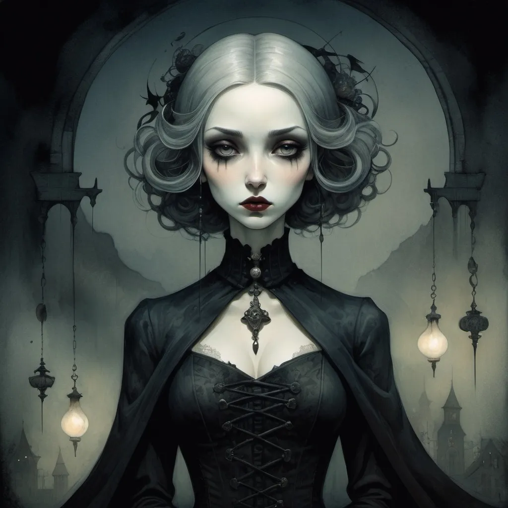 Prompt: A woman in the automatism art style with dark fantasy, dramatic lighting, watercolor and painterly effects, gothic aesthetics, inspired by artists like Benjamin Lacombe, Gris Grimly, Ray Caesar, and Yoshitaka Amano.