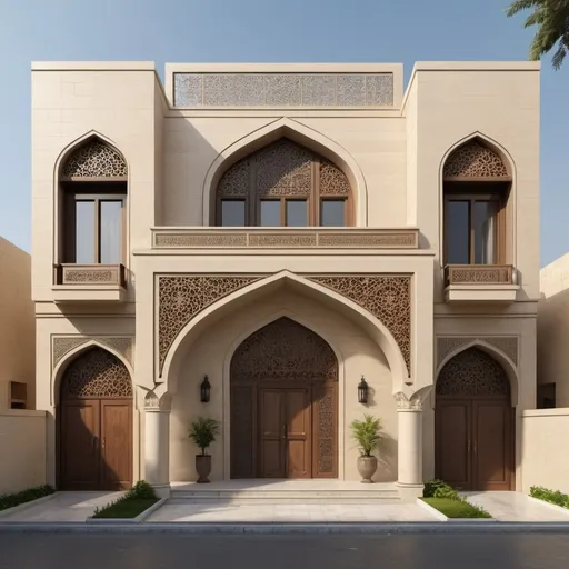 Prompt: Architectural Layout of a Classic House in Baghdad with Islamic Influence. The dwelling comprises two levels with a prominent arched entryway. Square windows adorn the ground floor, while the upper floor is graced with narrow arched windows. For a lifelike high-resolution rendering of the complete facade, it is advisable to seek guidance from a proficient architect or designer with experience in architectural visualization. Such a professional can skillfully capture the delicate nuances of the traditional Baghdad residence, incorporating its Islamic design elements to create a visually striking and accurate portrayal of the facade. Engaging with an expert in architectural design guarantees that your aspirations for the classic house are realized with exactitude and innovation.To further enhance the authenticity of the architectural layout, consider incorporating traditional geometric patterns and intricate calligraphy on the exterior walls. These elements, typical of Islamic architecture, will not only add cultural richness but also elevate the aesthetic appeal of the classic house. By consulting a skilled architect or designer well-versed in Islamic architectural principles, you can ensure that every detail, from the Mashrabiya windows to the ornate doorways, reflects the true essence of Baghdad's architectural heritage. Embrace the opportunity to bring this classic house to life in a way that honors its historical roots while infusing it with contemporary elegance and style.