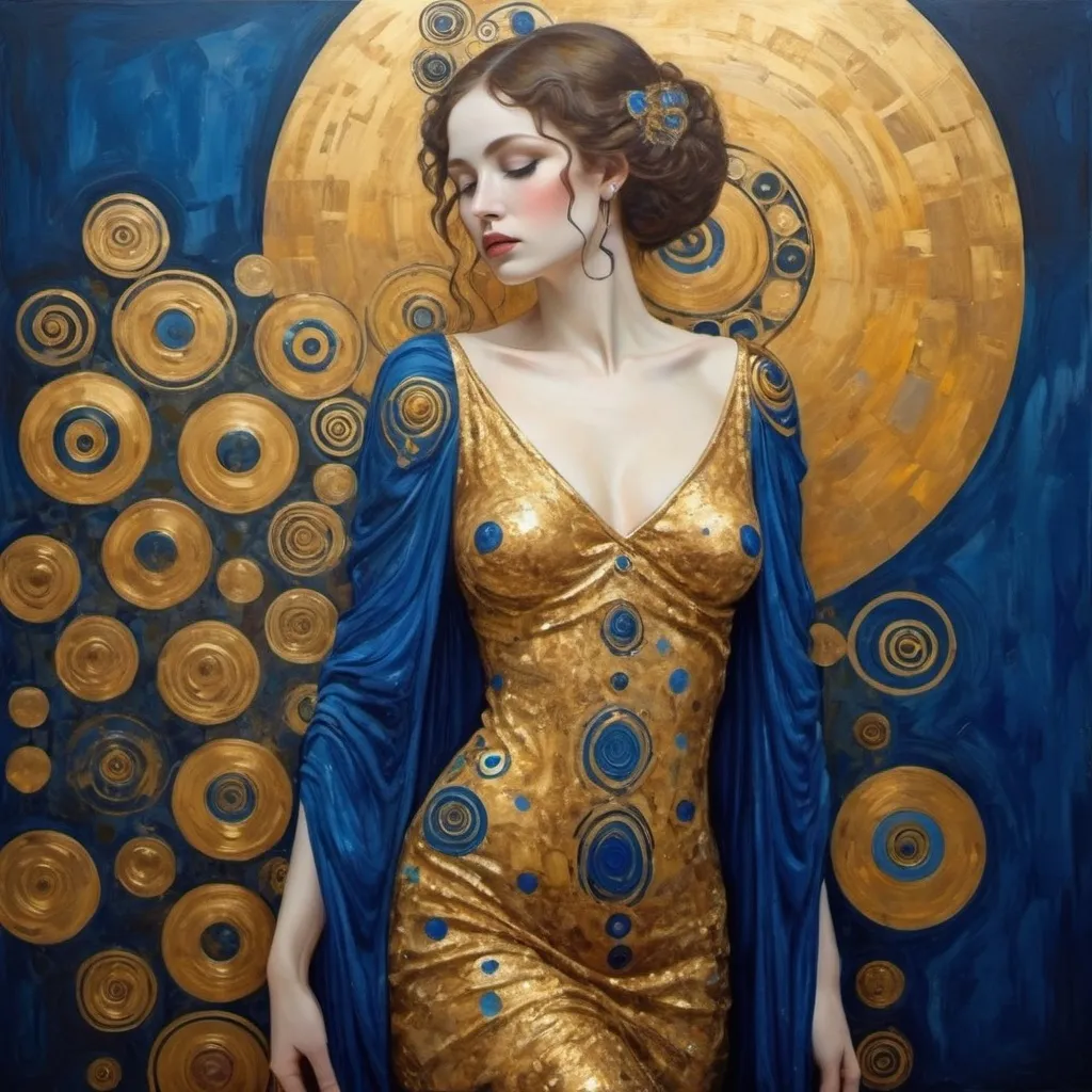 Prompt: "Lady in Golden and blue? Painted in the style of GUSTAV KLIMT full body"