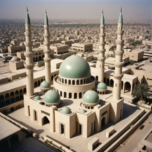 Prompt: Grand mosque in Baghdad with architect Walter Gropius style, one dome, two minarets, colonnaded arcade with Islamic crown capitals, bird's eye view