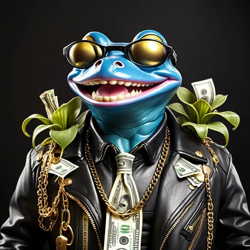 Prompt: BLUE FROG with body shaped like pitcher plant with big smile wears a black leather jacket, gold chains, cool glasses and dollar bills all around