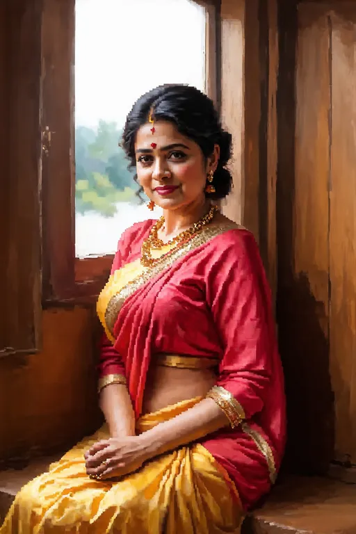 Prompt: a woman in a red and yellow sari sitting on a window sill looking out the window of a house, Ella Guru, samikshavad, jayison devadas, a photorealistic painting