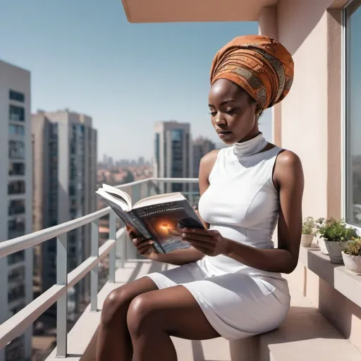 Prompt: Generate a unique photograph of an african woman in a futuristic world sitting on her balcony reading