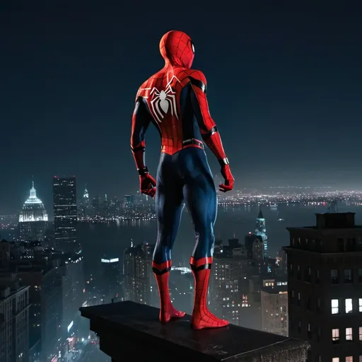 Prompt: Spider-Man standing on a building in the night