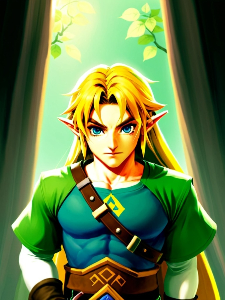 Prompt: Pregnant male Link from zelda Ocarina of time, pregnant belly, curtain hair-style, yellow hair color, his green tunic and belt are adjusted due to his condition, he has brown gauntlets and brown boots, white tights and white long-sleeve tunic under his green tunic, blue eyes