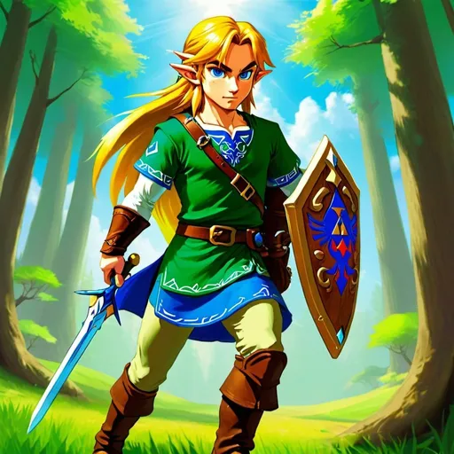 Prompt: Zelda-inspired digital art of Link from zelda ocarina of time with long yellow hair, handsome, green tunic, blue eyes, pointy ears, brown gauntlets, blue sword, small blue earrings, white long sleeve shirt under tunic, brown boots, green armor, game-zelda style, colorful, detailed and colorful,