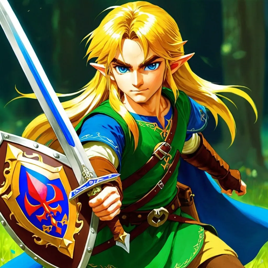 Prompt: Link, long yellow loose hair, handsome, green tunic, blue eyes, long pointy ears, brown gauntlets, blue sword and shield, colorfull