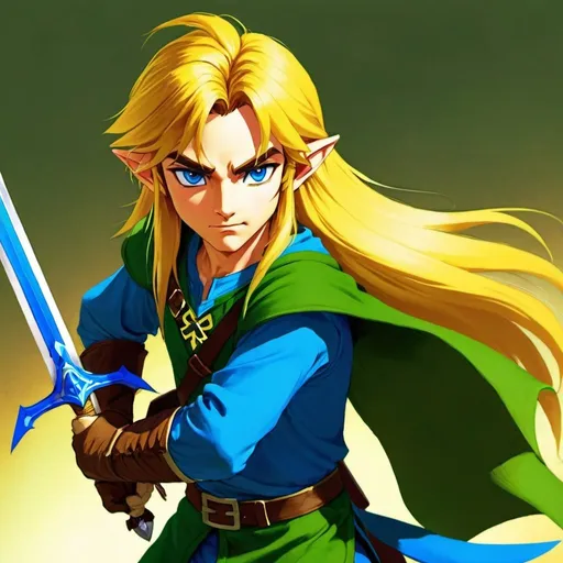 Prompt: Link, long yellow loose hair, handsome, green tunic, blue eyes, long pointy ears, brown gauntlets, blue sword and shield, colorfull