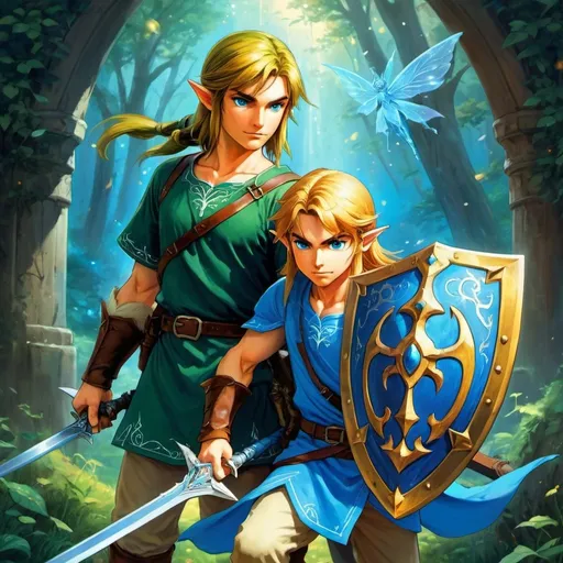 Prompt: Handsome Link with long hair, holding a sword and shield, accompanied by a light blue fairy, detailed fantasy illustration, highres, vibrant colors, anime style, dreamy lighting, magical, hero, legendary, iconic, detailed sword, intricate shield, fairy companion, mythical, adventurous, legendary hero, anime, fantasy, vibrant colors, dreamy lighting