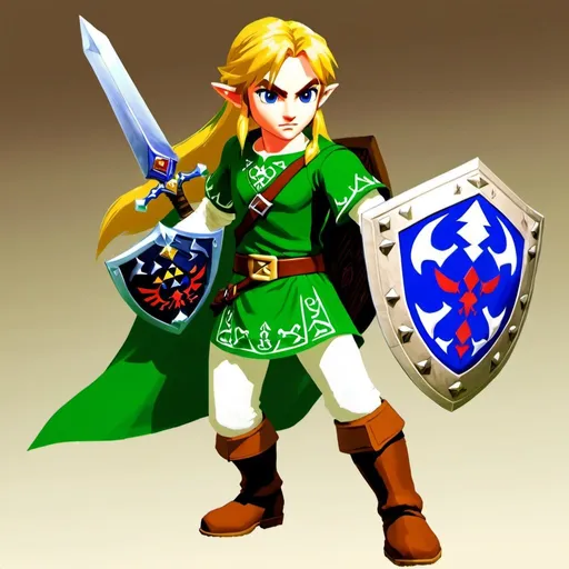 Prompt: Link from Zelda: Ocarina of Time in game-Zelda style, long yellow loose blonde hair, blue eyes, detailed green tunic, white long sleeve shirt under tunic, white pants, brown boots, brown gauntlets, master sword and shield, high quality, game-Zelda style, detailed character design, boy