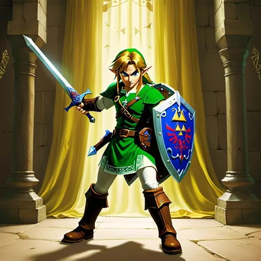 Prompt: Link from Zelda Ocarina of Time, Hero of Time, holding Master Sword in left hand, Hylian Shield in right arm, wearing green tunic with green armor, golden-yellow curtain hairstyle, brown boots with brown armor, long hair, handsome, white long sleeve undershirt, brown gauntlets with gold armor on them