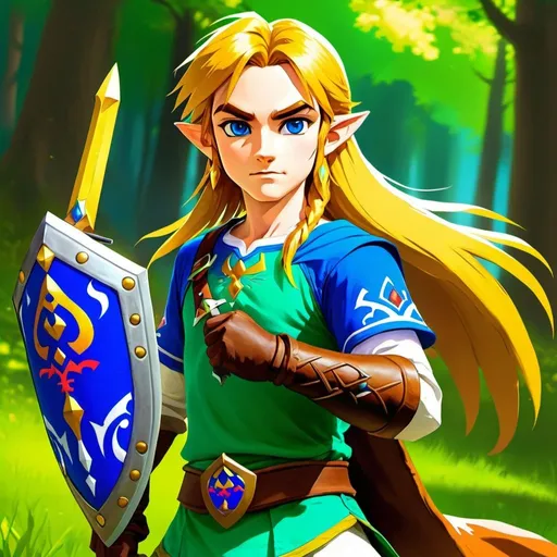 Prompt: Zelda-inspired digital art of Link with long yellow hair, handsome, green tunic, blue eyes, pointy ears, brown gauntlets, blue sword and shield, small blue earrings, white long sleeve shirt under tunic, brown boots, green armor, game-zelda style, colorful, high quality, detailed, vibrant colors, fantasy, heroic and colorful