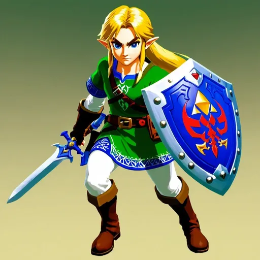 Prompt: Link from Zelda: Ocarina of Time in game-Zelda style, long yellow loose blonde hair, blue eyes, detailed green tunic, white long sleeve shirt under tunic, white pants, brown boots, brown gauntlets, master sword and shield, high quality, game-Zelda style, detailed character design, 