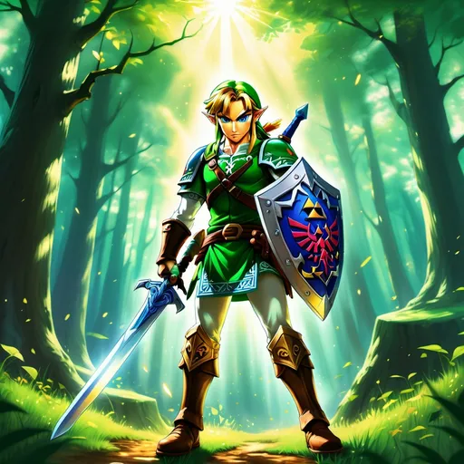 Prompt: (Link from Zelda Ocarina of Time, Hero of Time), (anime style), vibrant greens and golds, detailed armor glistening, holding Master Sword, mystical forest background, fantasy realm, adventurous atmosphere, sunlight breaking through trees, dynamic pose, high details, enchanting scene, ultra-detailed, 4K.